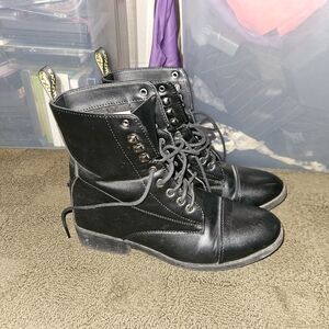 Saxon Black Faux Leather Combat Boots